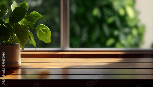 Background of a wood table and a window with light