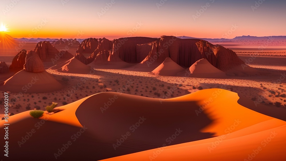 Naklejka premium View of desert landscape at sunrise - generative ai