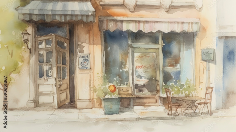 light watercolor, outside of a coffeeshop bright white background, Generate Ai