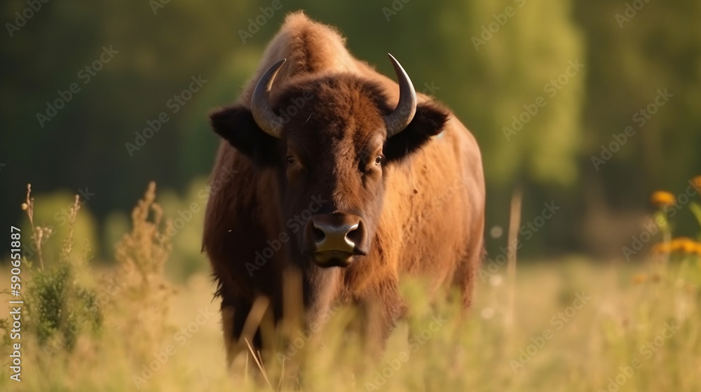 Bison standing in a beautiful meadow.