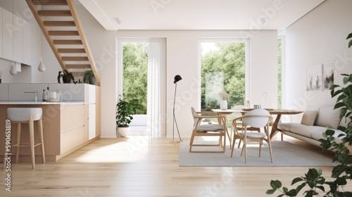 living and dining area with minimalist, functional furniture and a muted color palette, Generate Ai