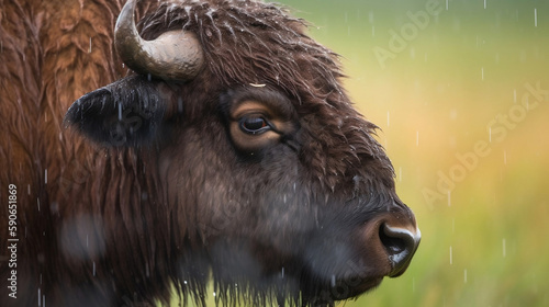 Bison standing in a beautiful meadow. on a rainy day.