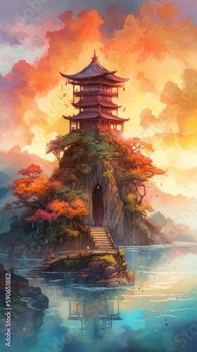 A floating island surrounded by fluffy clouds and a beautiful sunset, chinese building, Generate Ai