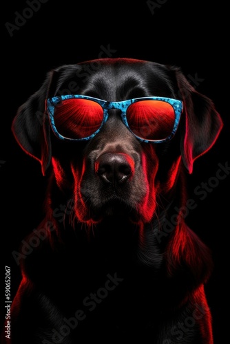 a charming and playful image of a black Labrador wearing red sunglasses, Generate Ai © MdImam