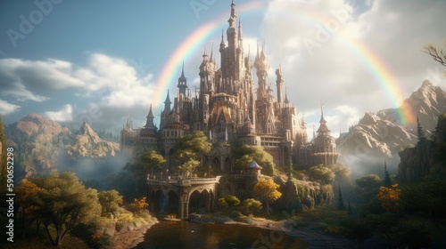 Unleashing the Mystical Realm, A Fantasy Castle in The Clouds with Rainbow Bridge, Generate Ai