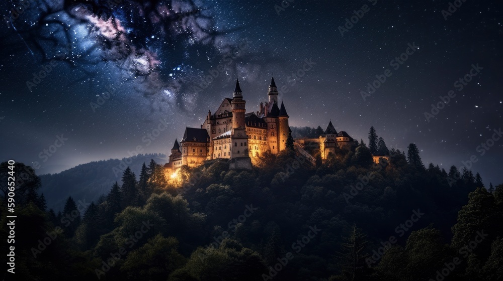 grand castle with spires reaching into the clouds, set against a starry night sky. Generative AI