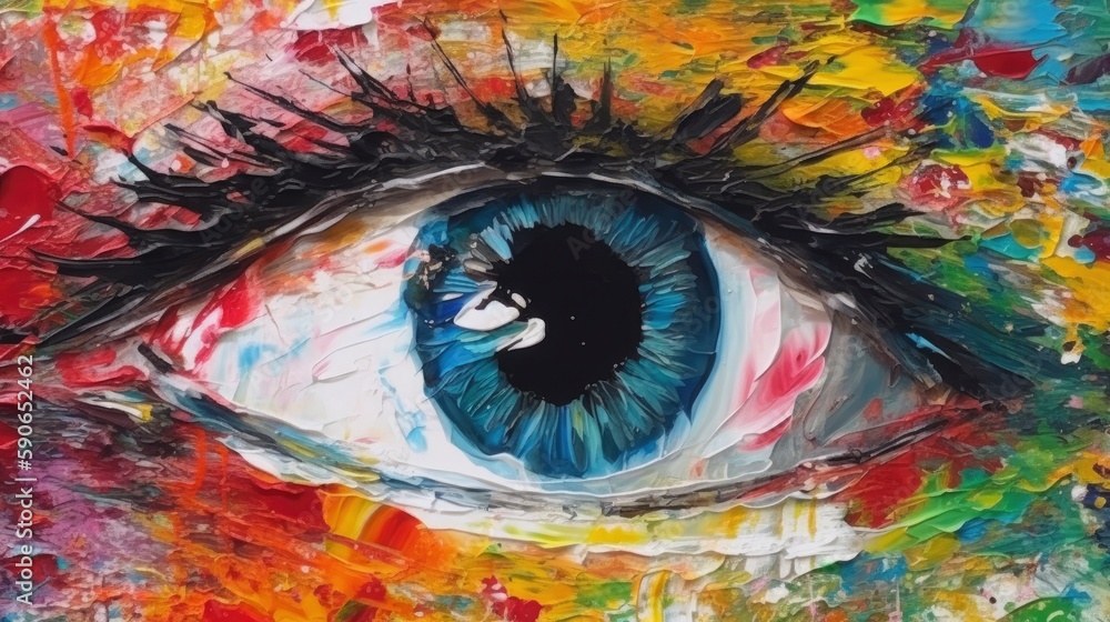 Oil painting. Conceptual abstract picture of the eye. Oil painting in colorful colors, Generate Ai