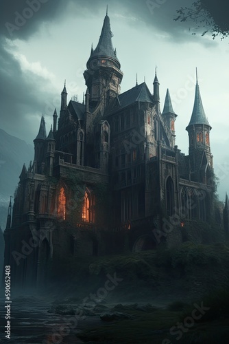  huge gothic castle with fantasy environment, Generate Ai