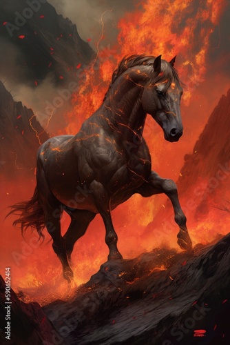 a horse made of fire on a dark background, Generate Ai