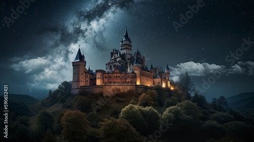 grand castle with spires reaching into the clouds  set against a starry night sky. Generative AI