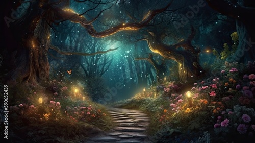 Magical fantasy fairy tale scenery, night in a forest, Generate Ai © MdImam