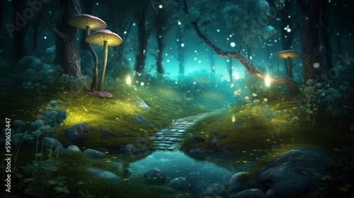 Magical fantasy fairy tale scenery, night in a forest, Generate Ai