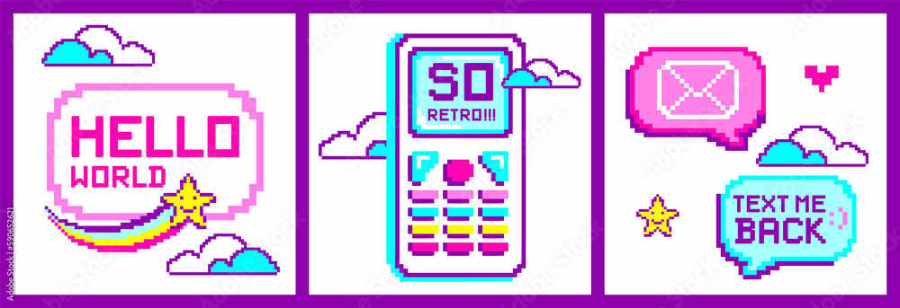 Pixel art frames for text, slogans. Old cell phone, 90s/2000s throwback