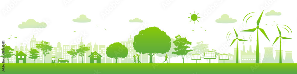 Renewable and Eco Friendly Energy Concept Banner. Flat design elements for Clean Environment, Technological sustainable development and Alternative Energy concept, Vector illustration