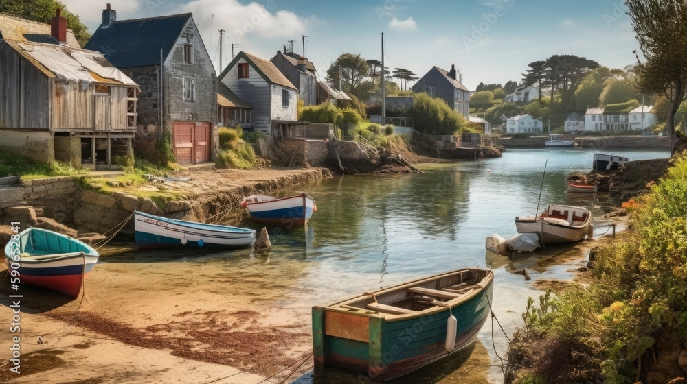 beautiful fishing port in french brittany, sunshine, Generate Ai