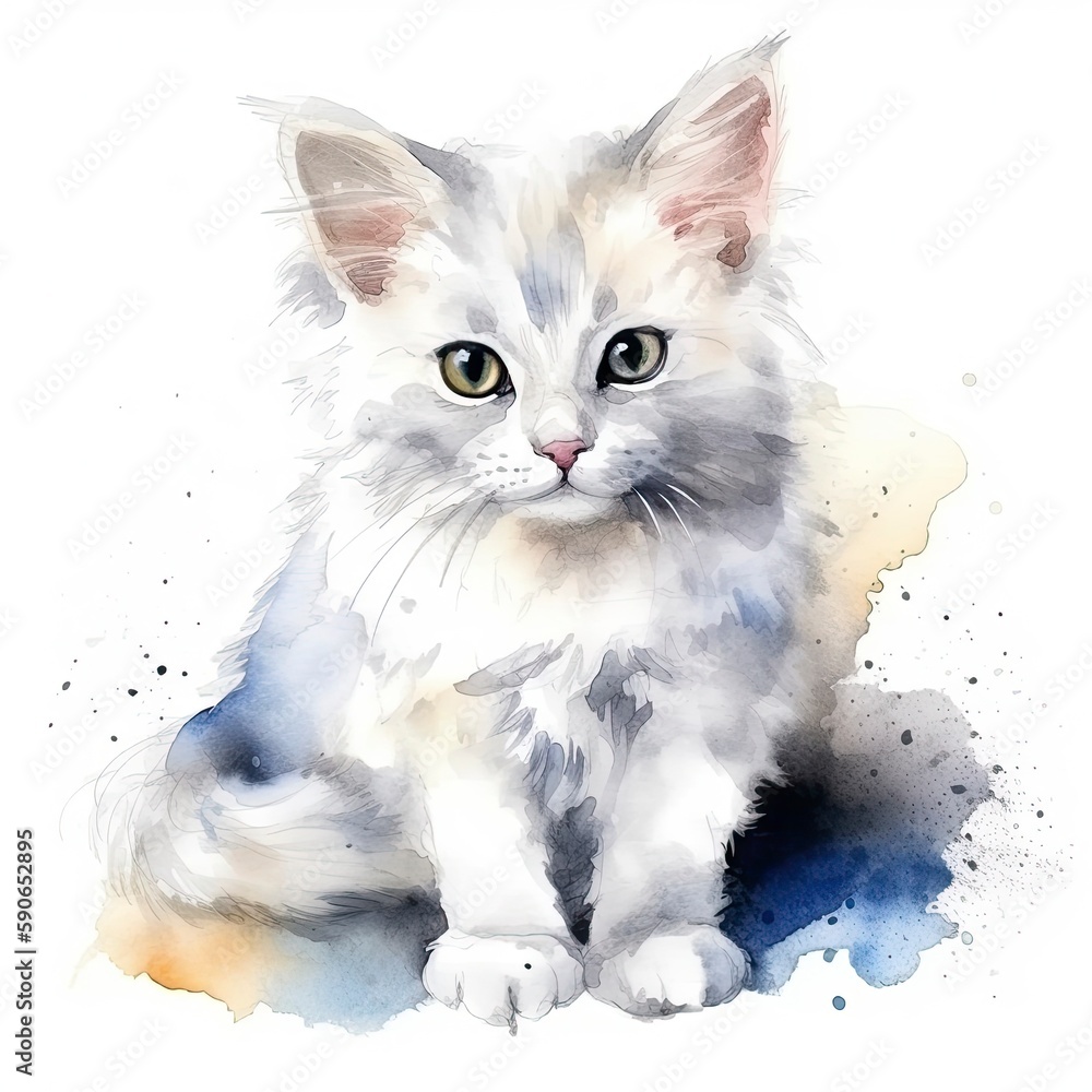 cute fluffy watercolour of a white kat kitty with lot of space arround , Generate Ai