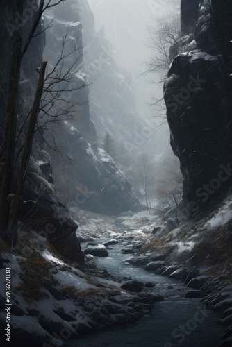 Award-winning concept art, river rushing through a snowy ravine, winter trees, falling snow, chiaroscuro, Generate Ai