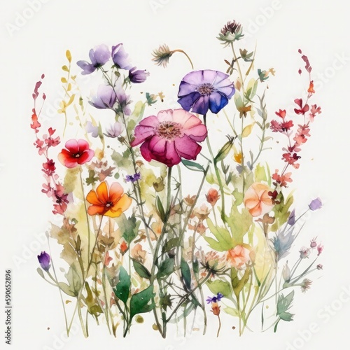free meadow flowers watercolor and pastel color on white background , Generate Ai © MdImam