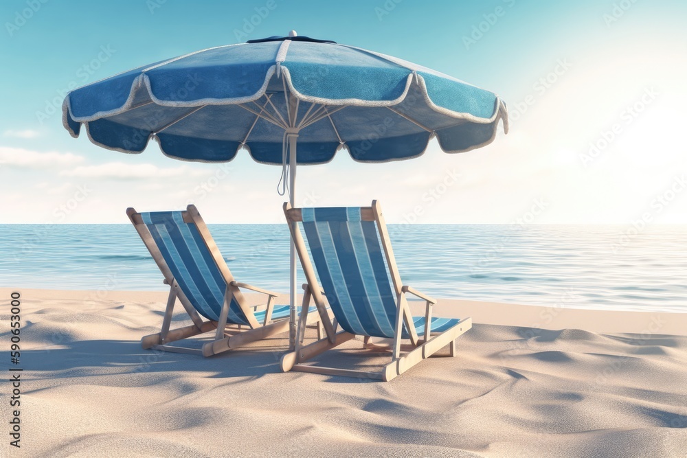 two beach chairs and an umbrella on a sandy beach with a blue ocean and clear sky in the background. Generative AI