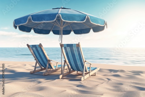 two beach chairs and an umbrella on a sandy beach with a blue ocean and clear sky in the background. Generative AI