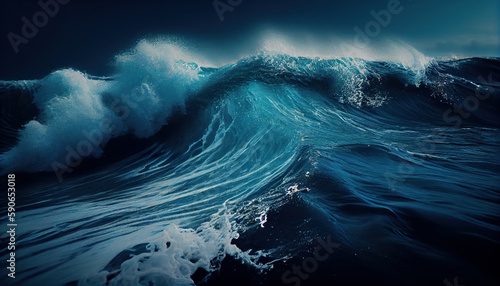 Beautiful oceans waves with a deep blue color realistic. Al generated