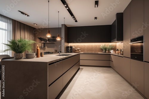 Residential interior of modern kitchen in luxury mansion Generative AI