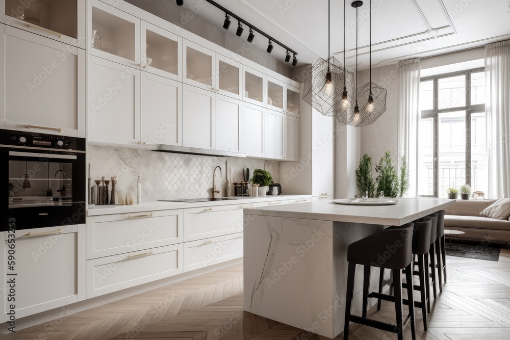 Fototapeta premium Residential interior of modern kitchen in luxury mansion Generative AI