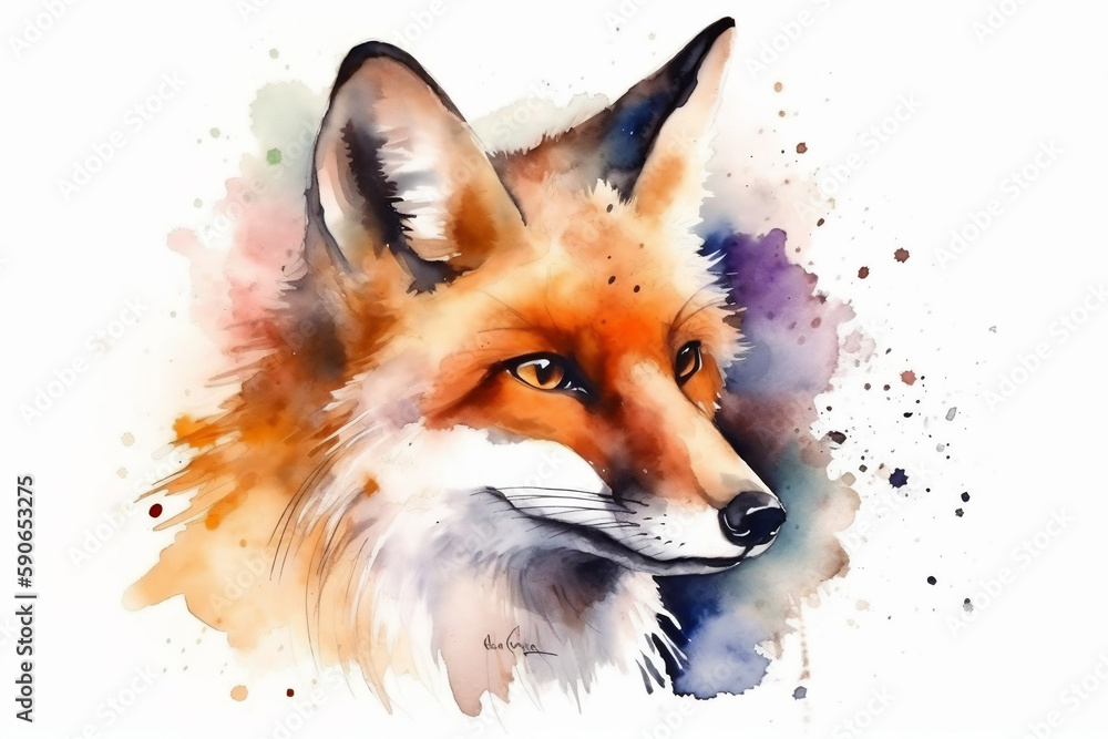 Obraz premium Fox Head, Animal, Watercolor Illustration Isolated On White Background, Made Using Generative Ai