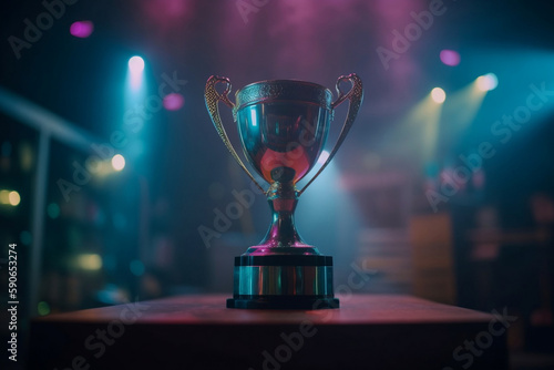 Winner Trophy On A Stage At Studio Illuminated By Neon Lights With Blurred Background, Made Using Generative Ai