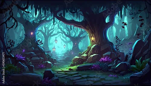 2D abstract and magical enchanted forest background environment for a battle arena mobile game. Enchanted forest path landscape flat cartoon style. 2D realistic illustration. Generative AI