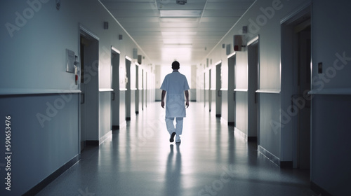 Fotografia, Obraz medic or doctor walking along hospital corridor Generative AI