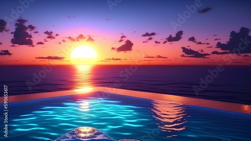 Tranquil sunset beyond infinity pool and ocean - Generative AI