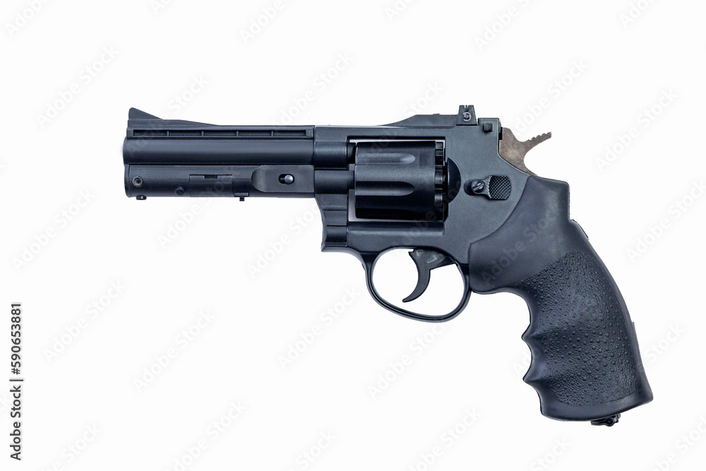 Black gun. Crime and self-defence. Isolated on white background. Purchase plan.