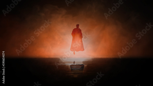 Flying SuperHero Silhouette in Orange Smoky Atmosphere features the silhouette of a flying, hovering superhero with a cape blowing slightly with smoke billowing in an orange atmosphere.