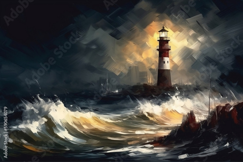 Lighthouse Shines Brightly In The Dark In A Raging Sea, A Storm, Painted Oil Style, Made Using Generative Ai