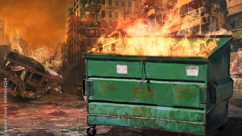 Dumpster Fire Society in Crises features a dumpster with fire coming