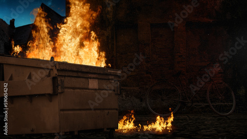 Dumpster Fire Alley Wall Background features a dumpster with fire billowing out in an alley with a brick wall behind and falling ash.