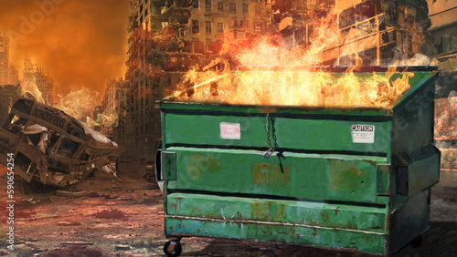 Dumpster Fire Society in Crises features a dumpster with fire coming out the top with a burnt-out city in the background.
