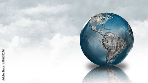 Glass Earth Spinning on Reflective White Surface with Clouds features a glass globe on a reflective white surface with clouds in the background.