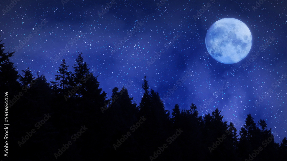 Cold Starry Night in the Mountains with a Full Moon features the silhouette of pine trees on the side of a mountain with glittering stars above and clouds moving across a full moon.
