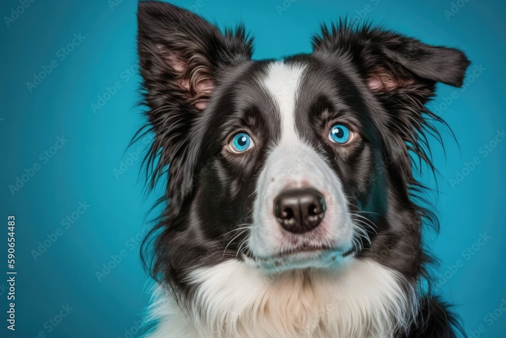 Portrait of a Border Collie set on a bright blue background. Generative AI