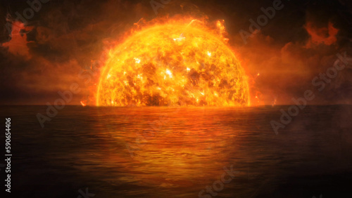 Blazing Sun on the Night Waves features a view of water with waves and passing clouds in the sky with a blazing sun on the horizon.