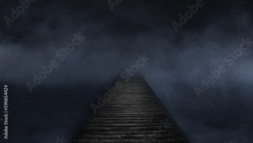 Bridge to Nowhere in the Foggy Dark Background features a wooden walkway stretching out over dark waters and leading into moving fog or mist. photo