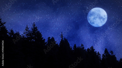 Cold Starry Night in the Mountains with a Full Moon features the silhouette of pine trees on the side of a mountain with glittering stars above and clouds moving across a full moon. © spidey888