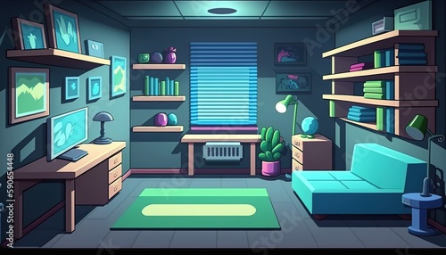 2D room boy background environment for a battle arena mobile game. Beautiful boy's room flat cartoon style. 2D realistic illustration. Generative AI