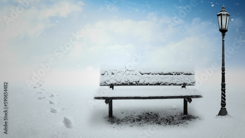 Lonely Bench and Foot Prints in a Snowstorm features a lamppost next to a snow covered empty bench with footprints going off into obscure cloudy background. 