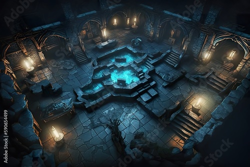 An epic dungeon map battle map for fantasy game. Level map scrolling user interface for mobile game assest. 3D realistic illustration. Generative AI