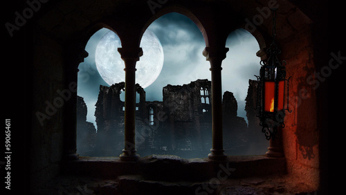 Canvas Print Swinging Lantern in Old Ruins Full Moon features a view out an arched window wit