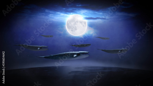 Whales in the Sky Background features whales swimming in the sky above the earth with the moon in the background in a cloudy atmosphere