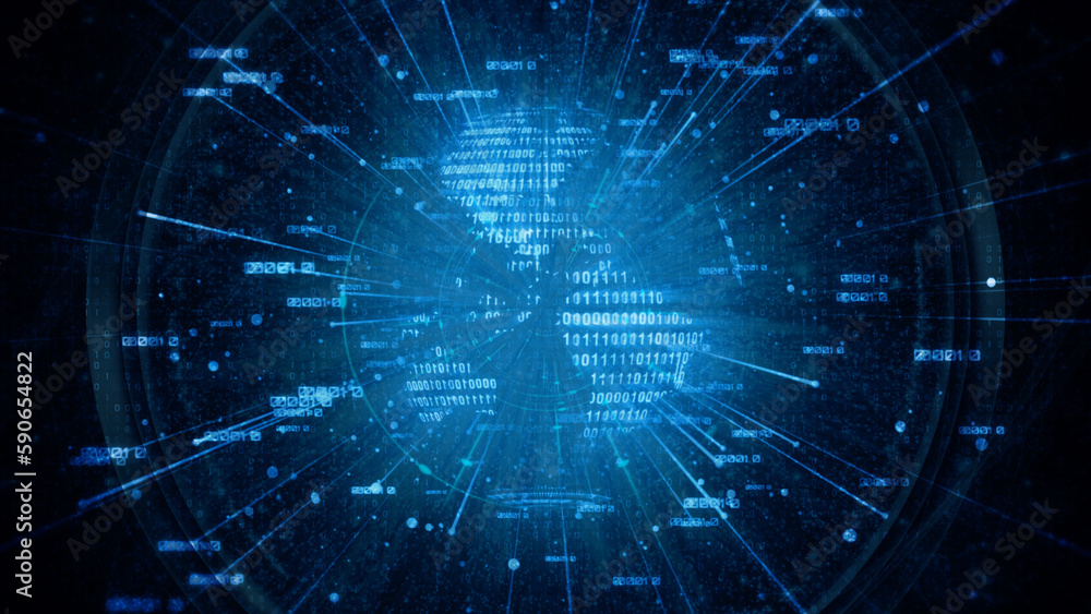 Cool Blue Global Data features a globe of data with numbers zooming out to viewer with radial tech around the globe in a blue atmosphere